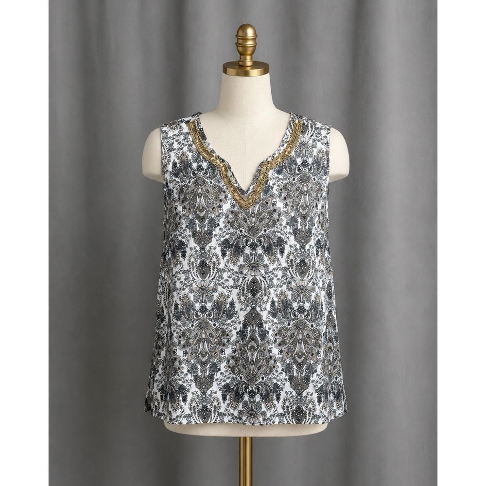 Croft  & Barrow 2X Tank Top Black White Modal‎ Knit Gold Beaded Sequin V Neck
